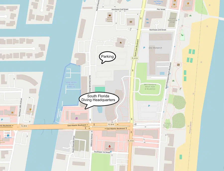 Map showing South Florida Diving Headquarters on North Riverside Drive and the parking lot